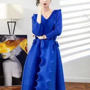 ผู้หญิง'S คอวี ระบาย เดรส ลำลอง เชือกรูด Waist ยาวคลุมเข่า - Image 3