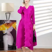 ผู้หญิง'S คอวี ระบาย เดรส ลำลอง เชือกรูด Waist ยาวคลุมเข่า - Image 2