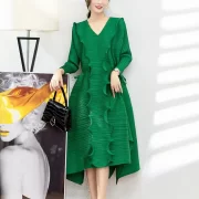 ผู้หญิง'S คอวี ระบาย เดรส ลำลอง เชือกรูด Waist ยาวคลุมเข่า