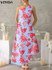 ยาว เดรส 2025 ฤดูร้อน Off ไหล่ ไร้แขน ลำลอง พับจีบ Bohemian Floral Print Beach Vestido - Image 5