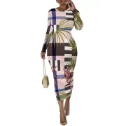 สีเขียว Palm Tree Print ยาว Sleeve รัดรูป เดรส for ผู้หญิง Slim Fit วันหยุด Beach - Image 3