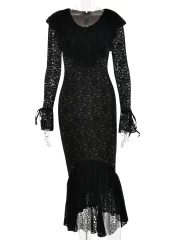 ยาวคลุมข้อเท้า เดรส ผู้หญิง เซ็กซี่ V Neck Flare ยาว Sleeve - Image 6