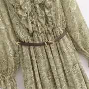 ยาว เดรส ผู้หญิง 2025 New ฤดูร้อน สง่างาม With Belt คอวี Lace Up Loose ยาวคลุมเข่า เดรส - Image 5