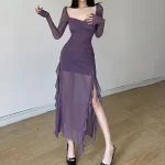 ยาว Sleeved รัดรูป เดรส Ruffled Mesh ผ่าข้าง Urban ยาวคลุมเข่า เดรส