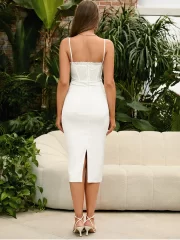 ยาวคลุมเข่า เดรส for ผู้หญิง Lace Patchwork Satin Flower เปิดหลัง ผ่าข้าง งานปาร์ตี้ งานแต่งงาน Guest Formal เดรส - Image 2