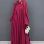 สง่างาม Vintช่วงอายุ O Neck Wine สีแดง Tie Flowers Folds Loose ยาว เดรส