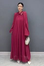 สง่างาม Vintช่วงอายุ O Neck Wine สีแดง Tie Flowers Folds Loose ยาว เดรส