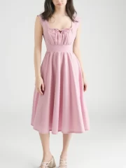 ไร้แขน ฤดูร้อน สีชมพู สั้น Swing ลำลอง พับจีบ เดรส - Image 4