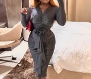 ผู้หญิง's เดรส สง่างาม Fashion สวมหัว Solid คอวี Ruched Design Rose Floral Details