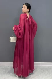 สง่างาม Vintช่วงอายุ O Neck Wine สีแดง Tie Flowers Folds Loose ยาว เดรส - Image 6