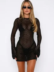 Knitted Cover Up Hollow Mini เดรส ผู้หญิง's เปิดหลัง - Image 5