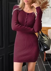 ยาว Sleeved Hip Hugging Woolen เดรส Autumn Round Neck เซ็กซี่ Slim Fit Hip Hugging Knitted เดรส - Image 5