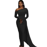 ยาว Sleeve รัดรูป สีพื้น Slim Fit ยาวคลุมข้อเท้า เดรส งานปาร์ตี้ - Image 5