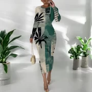 สีเขียว Palm Tree Print ยาว Sleeve รัดรูป เดรส for ผู้หญิง Slim Fit วันหยุด Beach - Image 2