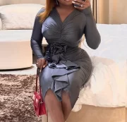 ผู้หญิง's เดรส สง่างาม Fashion สวมหัว Solid คอวี Ruched Design Rose Floral Details - Image 3