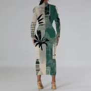 สีเขียว Palm Tree Print ยาว Sleeve รัดรูป เดรส for ผู้หญิง Slim Fit วันหยุด Beach - Image 4