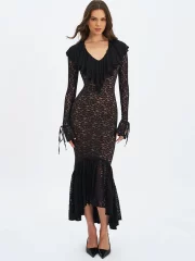 ยาวคลุมข้อเท้า เดรส ผู้หญิง เซ็กซี่ V Neck Flare ยาว Sleeve