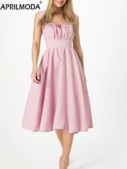 ไร้แขน ฤดูร้อน สีชมพู สั้น Swing ลำลอง พับจีบ เดรส - Image 5
