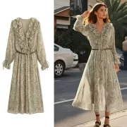 ยาว เดรส ผู้หญิง 2025 New ฤดูร้อน สง่างาม With Belt คอวี Lace Up Loose ยาวคลุมเข่า เดรส