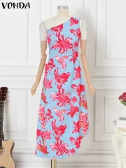 ยาว เดรส 2025 ฤดูร้อน Off ไหล่ ไร้แขน ลำลอง พับจีบ Bohemian Floral Print Beach Vestido - Image 3
