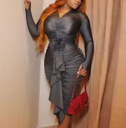 ผู้หญิง's เดรส สง่างาม Fashion สวมหัว Solid คอวี Ruched Design Rose Floral Details - Image 2