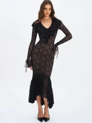 ยาวคลุมข้อเท้า เดรส ผู้หญิง เซ็กซี่ V Neck Flare ยาว Sleeve - Image 2