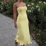 ไร้แขน Ruffles Patchwork ไร้สาย รัดรูป ยาวคลุมเข่า เดรส