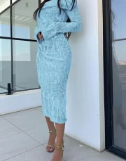 ยาว Sleeve ฉลุลาย สง่างาม Knit เดรส Temperament Female ลำลอง Slim ยาวคลุมเข่า Sweater เดรส - Image 3