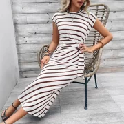 ยาว เดรส ผู้หญิง Striped Print เดรส