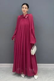 สง่างาม Vintช่วงอายุ O Neck Wine สีแดง Tie Flowers Folds Loose ยาว เดรส - Image 3