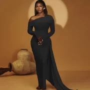 ยาว Sleeve รัดรูป สีพื้น Slim Fit ยาวคลุมข้อเท้า เดรส งานปาร์ตี้ - Image 2