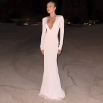 ยาวคลุมข้อเท้า งานปาร์ตี้ เดรส Bodysuits Lining เซ็กซี่ Deep V Neck Full Sleeve Slim วันเกิด ยาว เสื้อคลุม งานเลี้ยงตอนเย็น ชุดราตรี