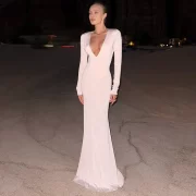 ยาวคลุมข้อเท้า งานปาร์ตี้ เดรส Bodysuits Lining เซ็กซี่ Deep V Neck Full Sleeve Slim วันเกิด ยาว เสื้อคลุม งานเลี้ยงตอนเย็น ชุดราตรี