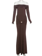 ยาว Sleeve เซ็กซี่ ยาวคลุมข้อเท้า เดรส For ผู้หญิง Fashion ไร้สาย เปิดหลัง พับผ้า รัดรูป Club งานปาร์ตี้ ยาว เดรส - Image 6