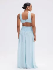 งานเลี้ยงตอนเย็น งานปาร์ตี้ เดรส ผู้หญิง's สง่างาม ไร้แขน พับผ้า สีน้ำเงิน ยาว เดรส - Image 6