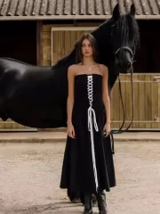 เซ็กซี่ ไร้สาย Cross Lace-up Design ยาว เดรส - Image 4