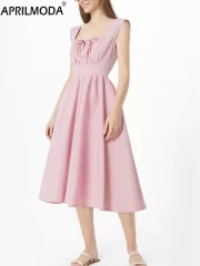 ไร้แขน ฤดูร้อน สีชมพู สั้น Swing ลำลอง พับจีบ เดรส - Image 3