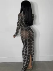 ยาว เดรส ผู้หญิง Mesh Patchwork คอกลม Full Sleeve Midnight Prom งานปาร์ตี้ - Image 3