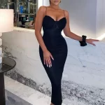 เซ็กซี่ ยาว เดรส ผู้หญิง's ฤดูร้อน คอวี Chest สายเดี่ยว สง่างาม Fashion สีพื้น