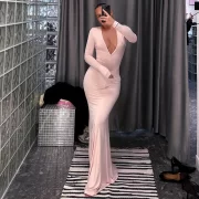 ยาวคลุมข้อเท้า งานปาร์ตี้ เดรส Bodysuits Lining เซ็กซี่ Deep V Neck Full Sleeve Slim วันเกิด ยาว เสื้อคลุม งานเลี้ยงตอนเย็น ชุดราตรี - Image 2