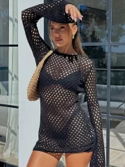 Knitted Cover Up Hollow Mini เดรส ผู้หญิง's เปิดหลัง - Image 4