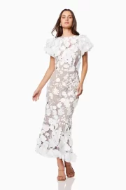 2025 New Round Neck 3D Floral Embroideสีแดง Bubble Sleeve ยาวคลุมเข่า Wrap เดรส - Image 6