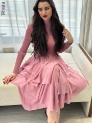 Mid Length เดรส For ผู้หญิง ยาว Sleeves Irธรรมดา Ruffles Patchwork A-line งานเลี้ยงตอนเย็น งานปาร์ตี้ เดรส - Image 6