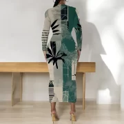 สีเขียว Palm Tree Print ยาว Sleeve รัดรูป เดรส for ผู้หญิง Slim Fit วันหยุด Beach - Image 6
