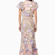 2025 New Round Neck 3D Floral Embroideสีแดง Bubble Sleeve ยาวคลุมเข่า Wrap เดรส - Image 2