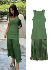 ไร้แขน คอกลม ยาวคลุมเข่า เดรสbOffice Lady ลำลอง เดรส