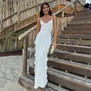 ผู้หญิง Cover Ups เซ็กซี่ ฉลุลาย เดรส Spliced ไร้แขน Split ยาว เดรส - Image 6