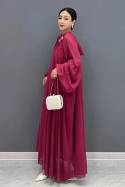 สง่างาม Vintช่วงอายุ O Neck Wine สีแดง Tie Flowers Folds Loose ยาว เดรส - Image 5