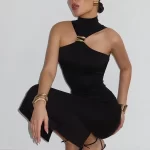 ยาวคลุมข้อเท้า เดรส ผู้หญิง ชุดราตรี ฤดูร้อน New Ring Metal ไร้แขน เปิดหลัง Skinny Knit ยาว เดรส