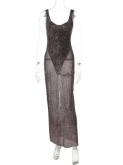 ยาวคลุมข้อเท้า เดรส ผู้หญิง Fashion Spaghetti สายเดี่ยว ไร้แขน เปิดหลัง รัดรูป See Through Print เดรส - Image 6